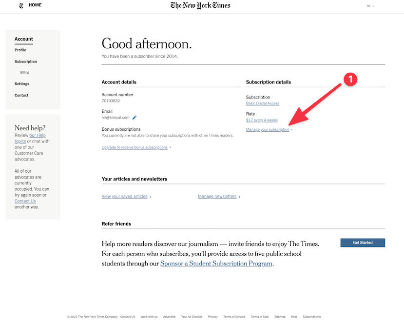 First screen when trying to unsubscribe from the New York Times: Manage Your Subscriptions