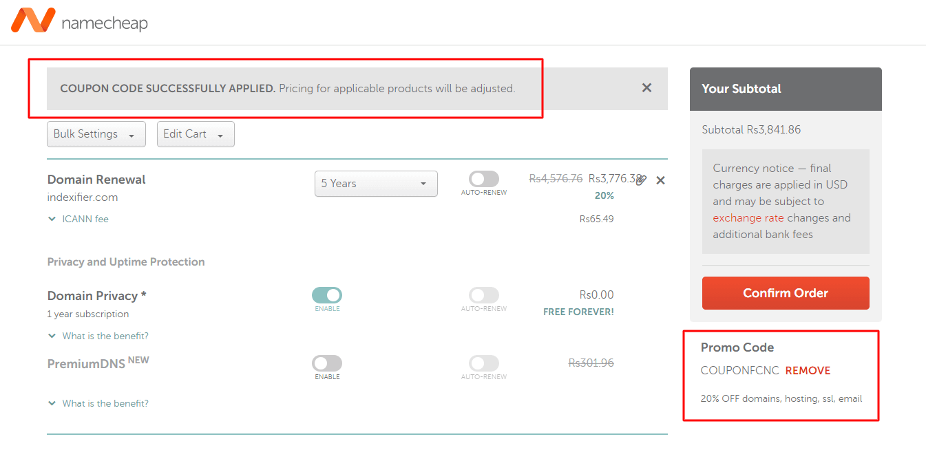 applying renewal code in namecheap