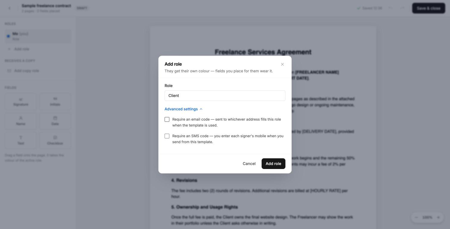 How to Create Reusable Contract Templates for Freelancers (Step-by-Step) 4 Adding a Client role with email and SMS code options