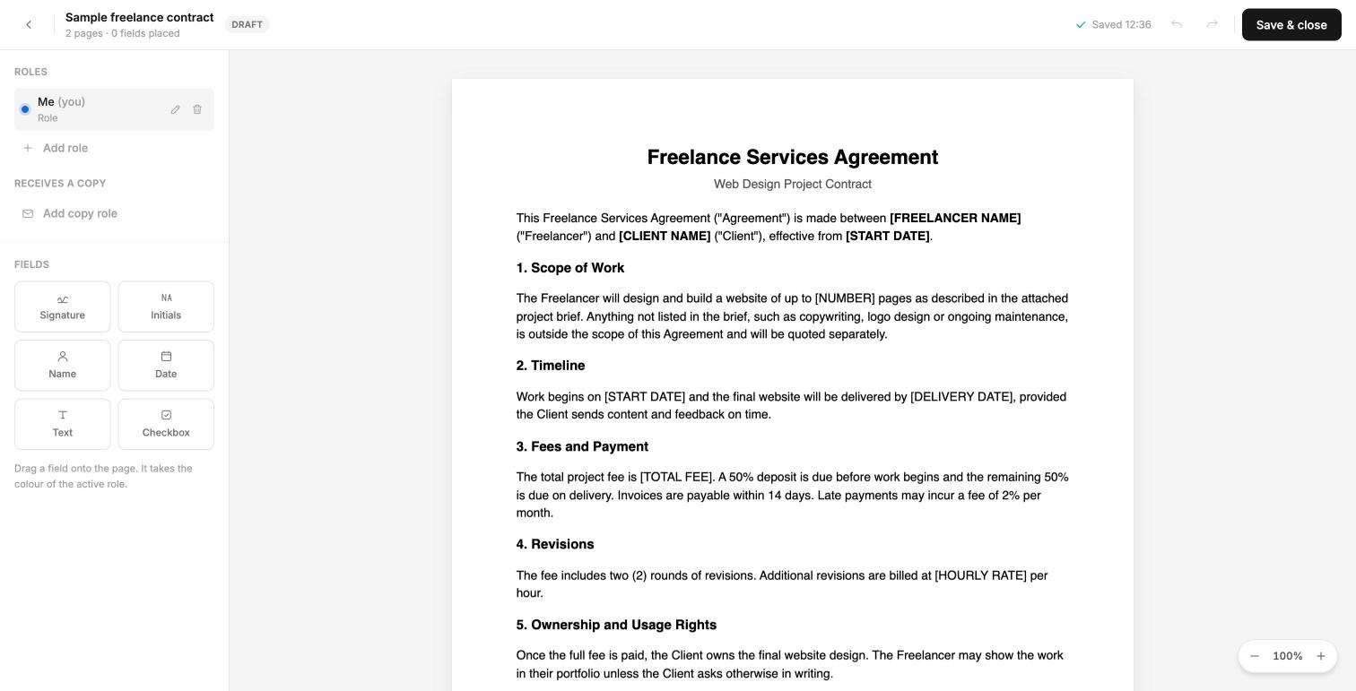 How to Create Reusable Contract Templates for Freelancers (Step-by-Step) 3 The template editor with the Me role added