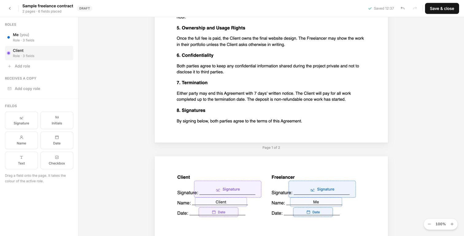How to Create Reusable Contract Templates for Freelancers (Step-by-Step) 6 Signature, name, and date fields placed for both roles