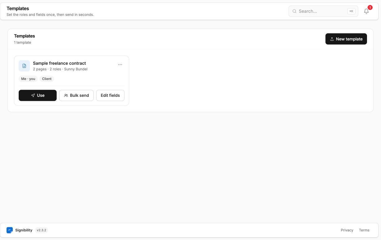 How to Create Reusable Contract Templates for Freelancers (Step-by-Step) 7 The saved template with Use, Bulk send, and Edit fields buttons