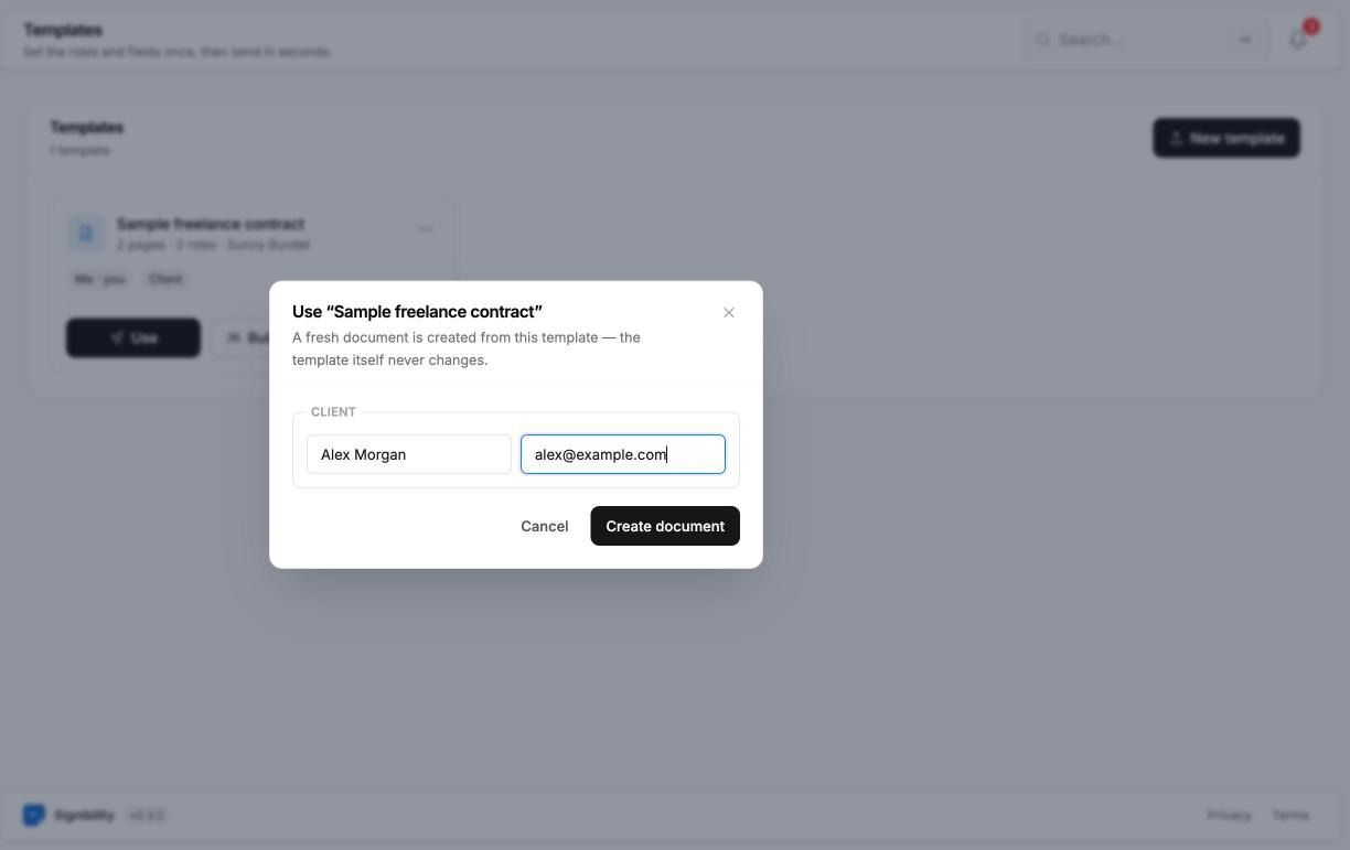 How to Create Reusable Contract Templates for Freelancers (Step-by-Step) 8 Entering the client's name and email to use the template