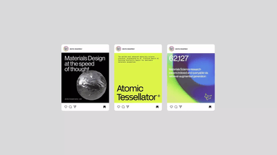 Three minimalist social media posts featuring bold typography, 3D graphics, and vibrant color schemes.