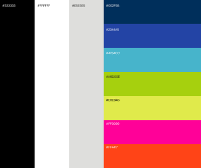 UI color palette featuring grayscale columns and stacked vibrant swatches with hex codes.