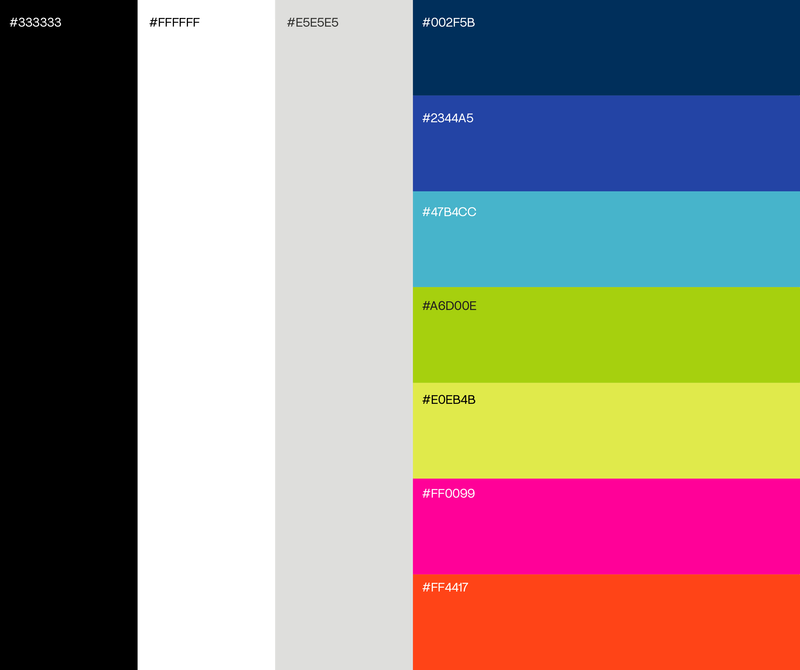 UI color palette featuring grayscale columns and stacked vibrant swatches with hex codes.