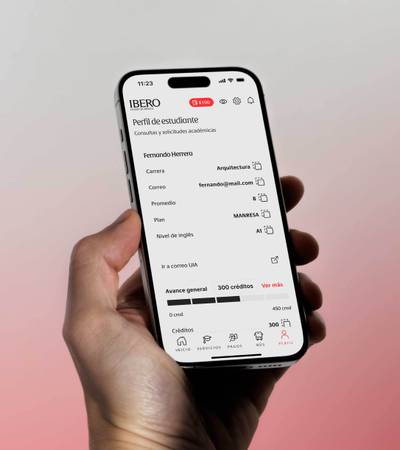 Hand holding smartphone displaying minimalist student profile interface with clean layout and red accents.