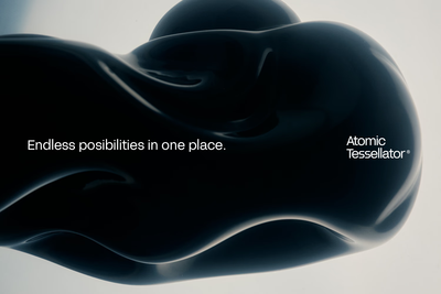 Sleek minimalist interface featuring a dark glossy organic shape and white sans-serif typography.