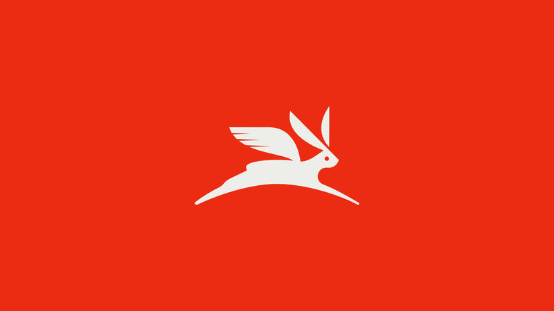 Minimalist white winged rabbit logo centered on a vibrant red background.