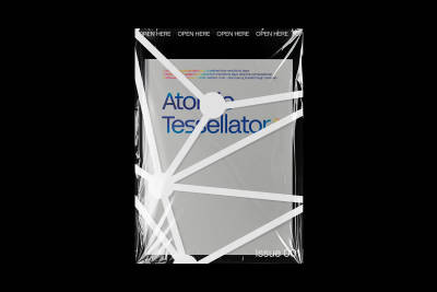 Minimalist grey layout with bold blue typography and geometric white structural design elements.