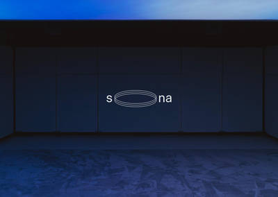 Minimalist Sona brand identity on a dark, atmospheric background with deep blue lighting.
