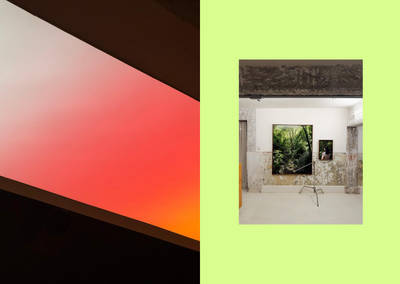Split-screen design with warm color gradient and gallery exhibition inset on lime green background.