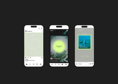 Three mobile mockups featuring minimalist social media interfaces with green and blue color schemes.