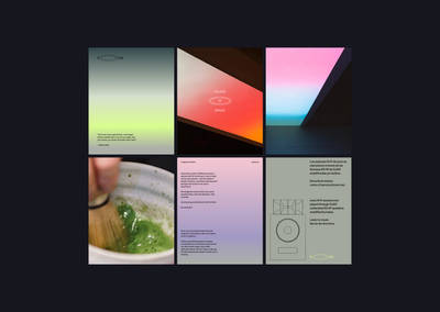 Six-panel grid layout featuring minimalist editorial designs, soft gradients, and professional typography.