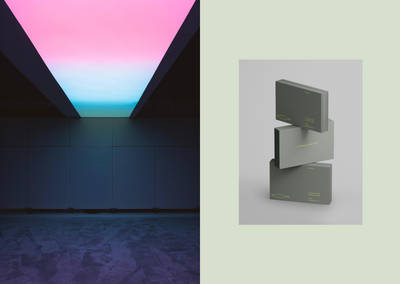 Split-screen layout featuring vibrant gradient lighting and minimalist grey business card mockups.
