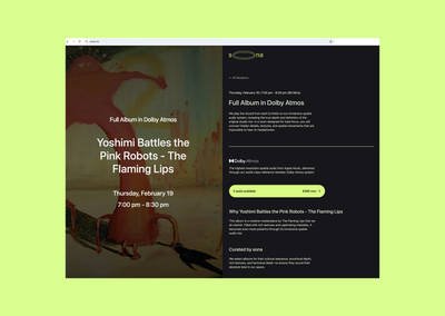 Dark website UI with split layout, lime green accents, and professional event information typography.
