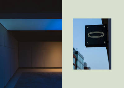 Minimalist layout pairing architectural imagery and branded signage on a sage green background.