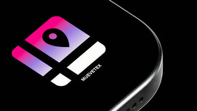 Close-up of the Muevetex app icon — a pink-to-purple gradient square with a location pin mark — resting beside the edge of a smartphone, with the Muevetex wordmark alongside it.