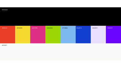 The Muevetex brand color palette swatches, spanning black, red, yellow, magenta, lime green, sky blue, royal blue, lavender, and violet.