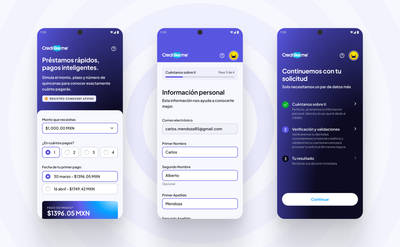 Modern mobile app UI with blue-purple gradients, loan calculators, forms, and progress tracking.