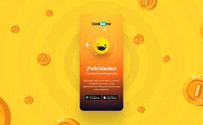 Vibrant orange mobile UI with success message, happy emoji, and floating gold coins.