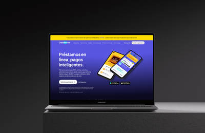 Laptop showing a purple fintech website and mobile app interfaces with vibrant UI elements.
