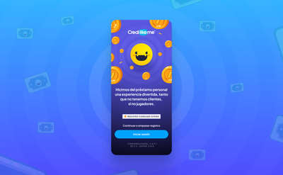 Vibrant blue mobile interface featuring gamified illustrations, floating coins, and stylized action buttons.