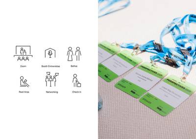 Custom 6-part icon pictogram system alongside physical attendee credential badges and branded lanyards.