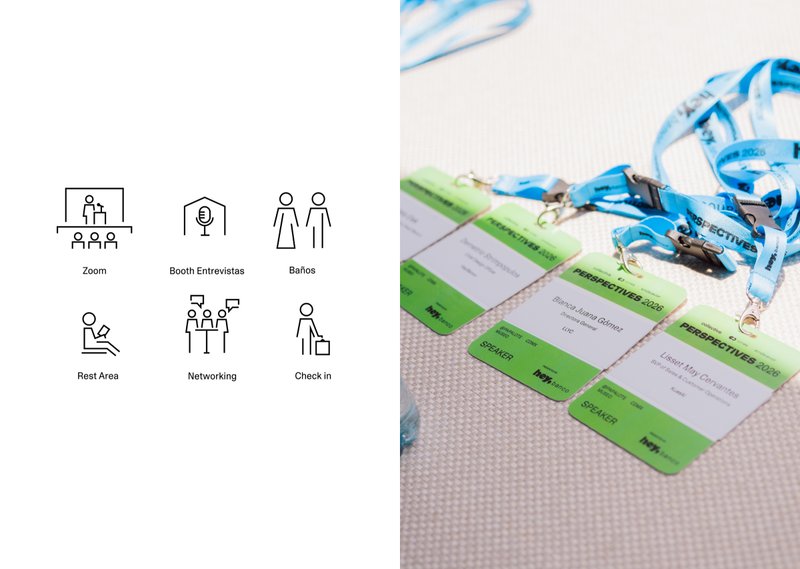 Custom 6-part icon pictogram system alongside physical attendee credential badges and branded lanyards.