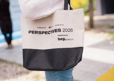 Minimalist dual-tone tote bag featuring high-contrast editorial typography for Perspectives 2026.