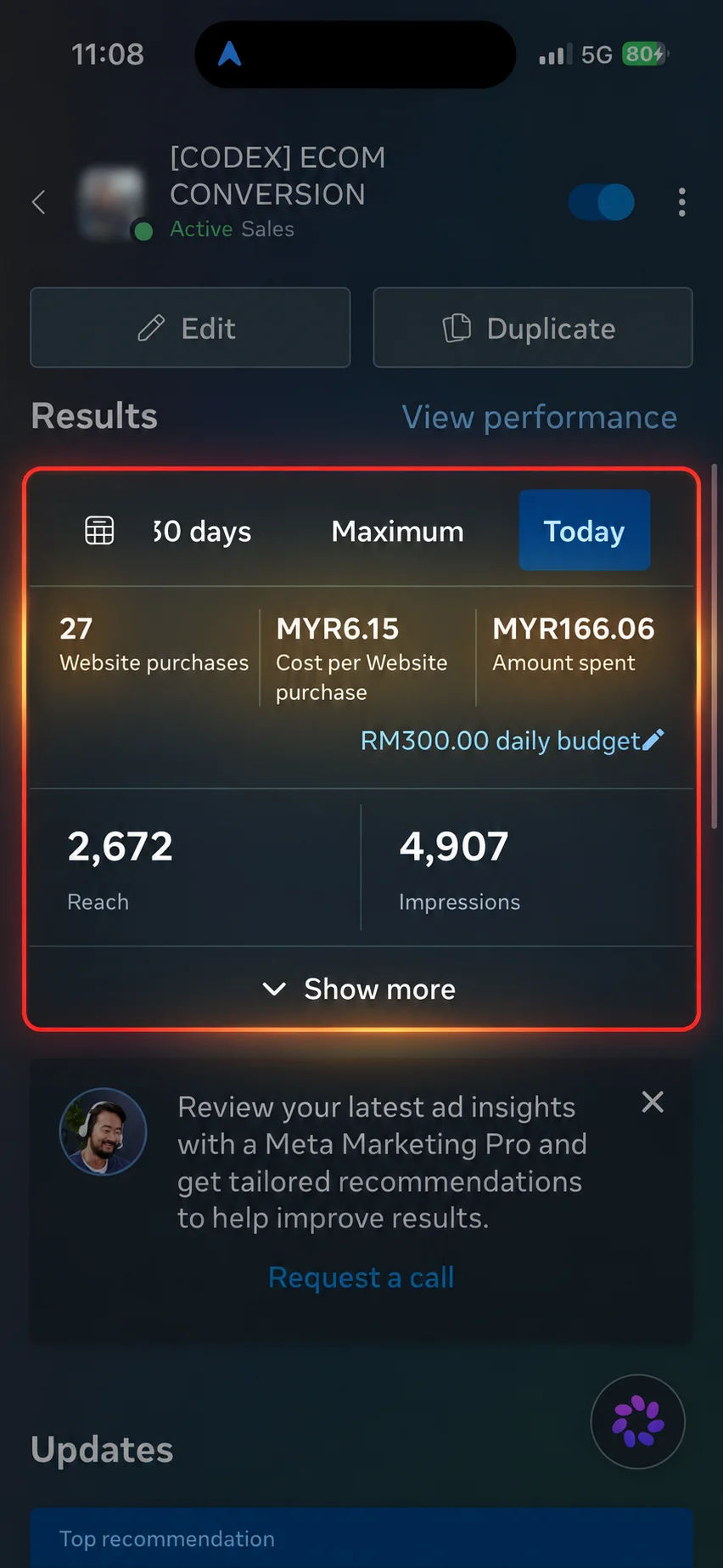 Paparan Meta Ads menunjukkan 27 pembelian website
