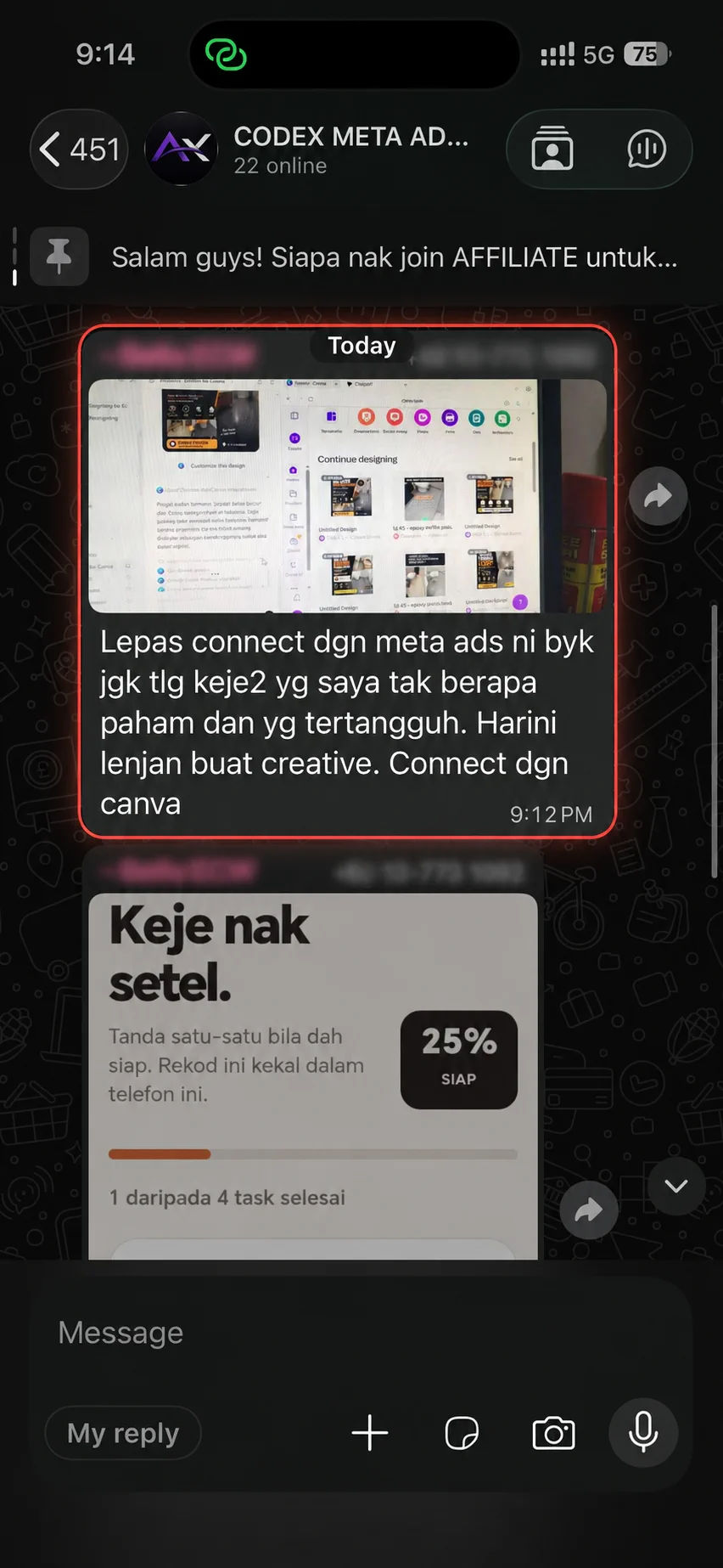 Testimoni menyiapkan kerja creative selepas menyambungkan Meta Ads dan Canva