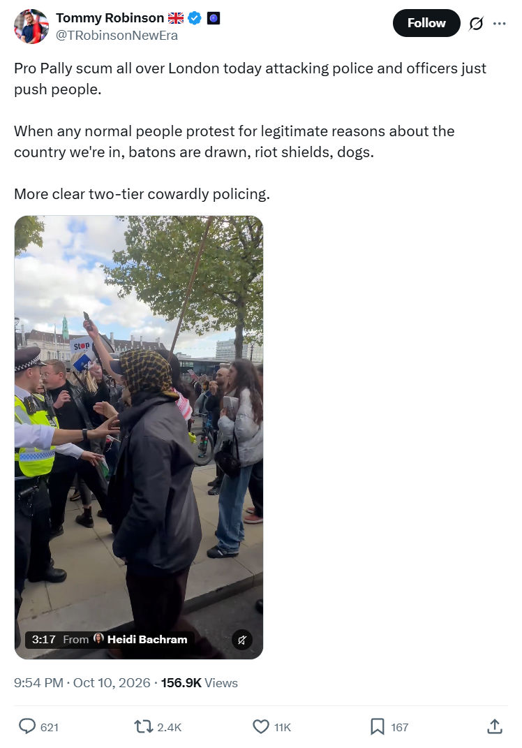 Tommy Robinson: Pro Pally scum all over London...