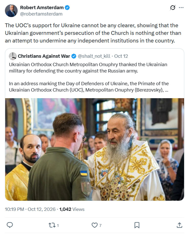 Robert Amsterdam: The UOC’s support for Ukraine...