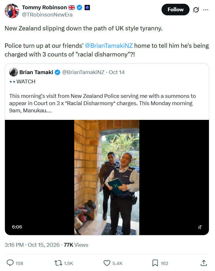 Tommy Robinson: New Zealand slipping down...