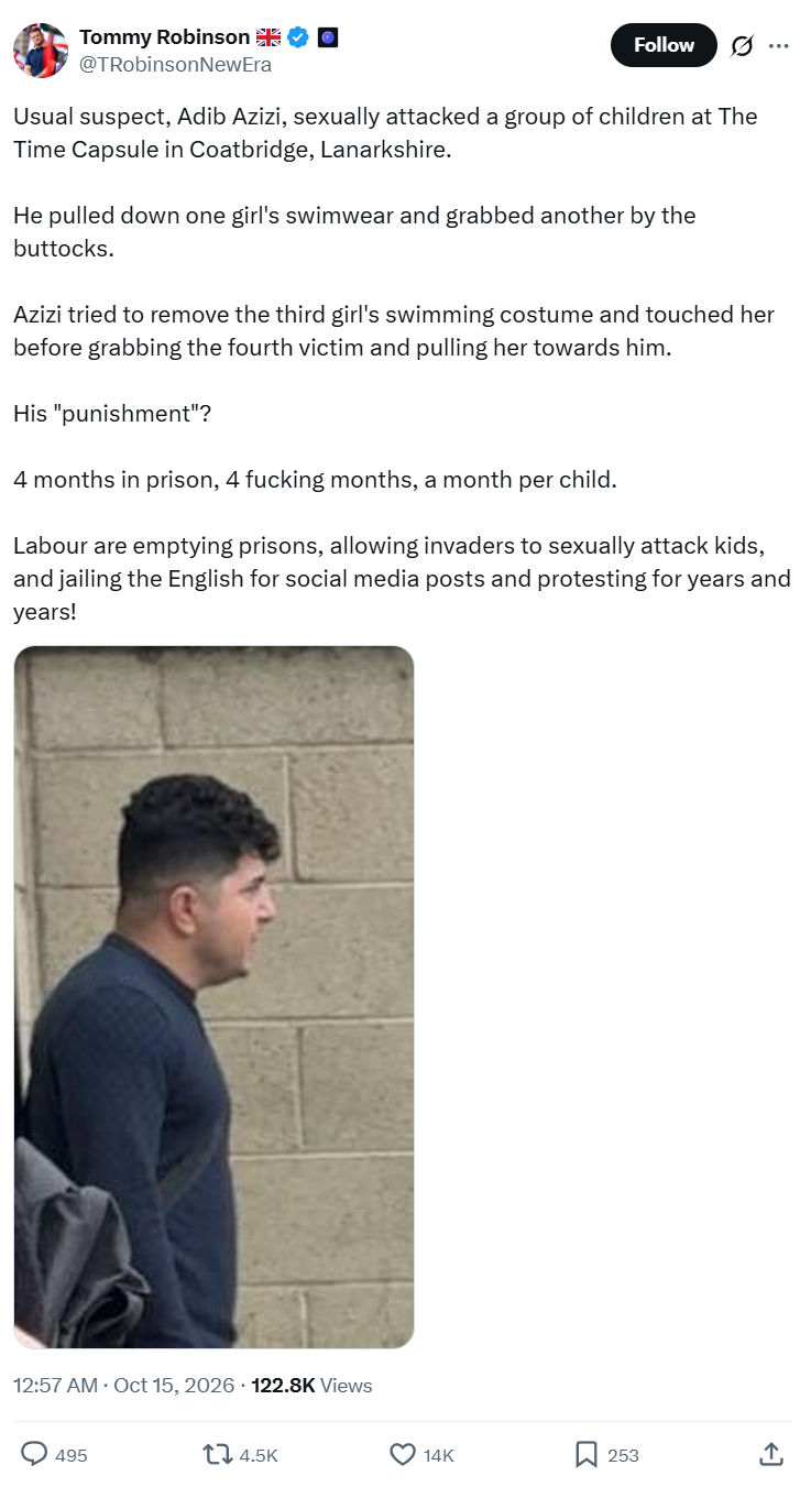 Tommy Robinson: Usual suspect, Adib Azizi, sexually attacked...