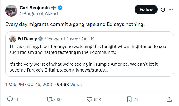 Carl Benjamin: Every day migrants commit...