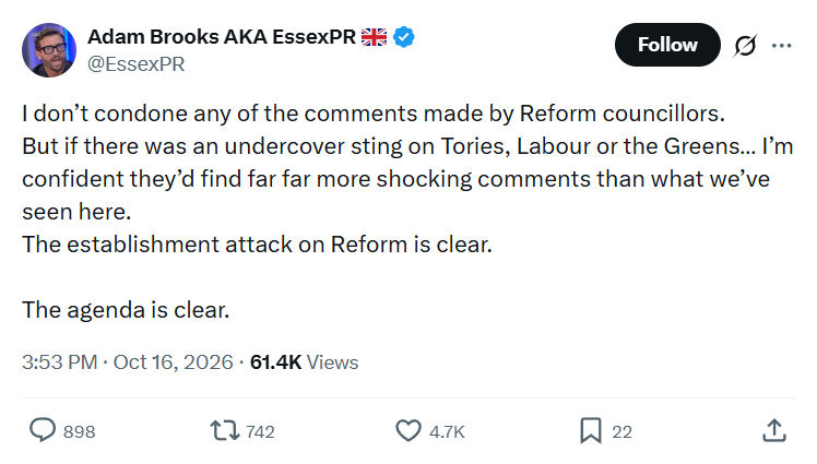 Adam Brooks: I don’t condone any of the comments...