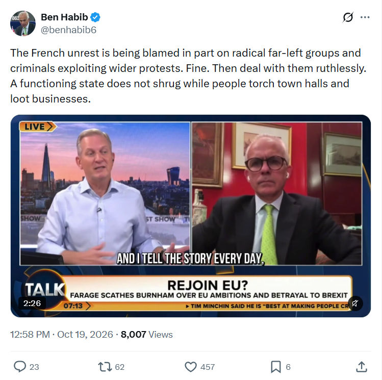 Ben Habib: The French unrest is being blamed...