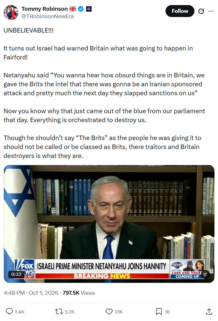 Tommy Robinson: It turns out Israel had warned Britain...
