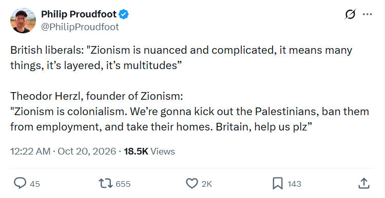 Philip Proudfoot: British liberals: "Zionism...