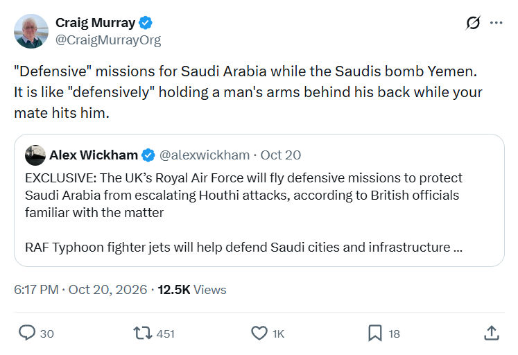 Craig Murray: "Defensive" missions for Saudi Arabia...
