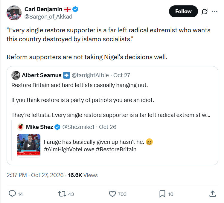 Carl Benjamin: "Every single restore supporter...