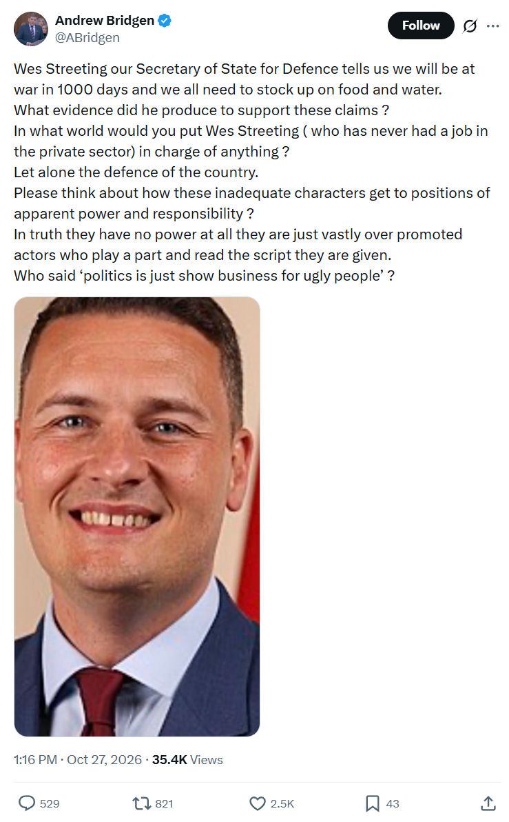 Andrew Bridgen: Wes Streeting our Secretary...