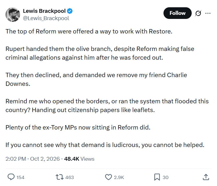 Lewis Brackpool: The top of Reform were offered...