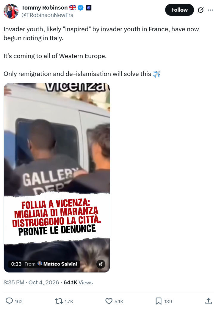 Tommy Robinson: Invader youth, likely "inspired"...
