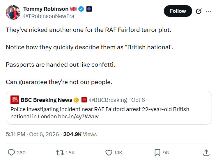 Tommy Robinson: They've nicked another...