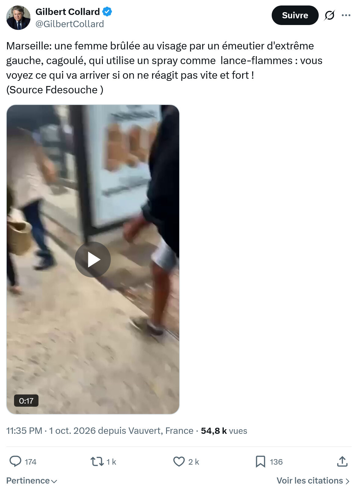 Gilbert Collard: Marseille: une femme brûlée...