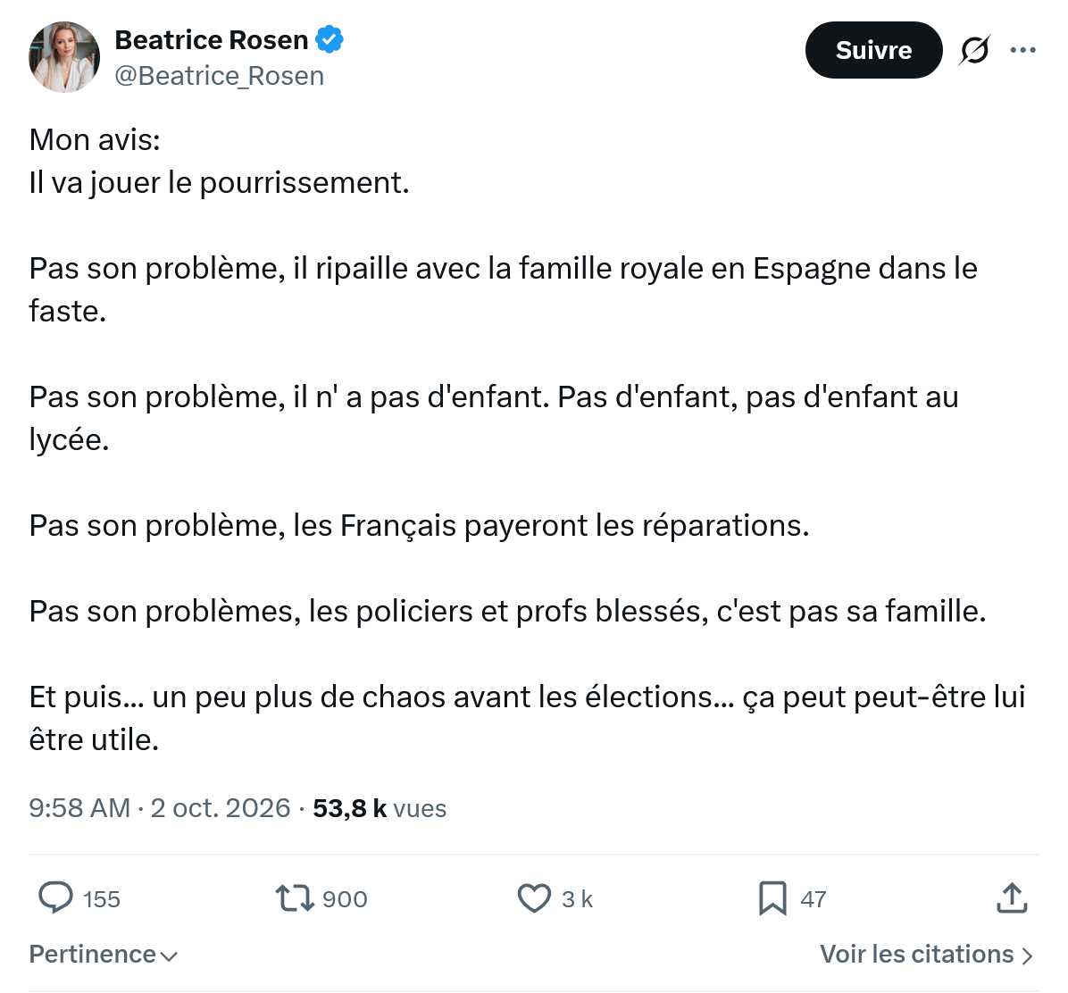 Béatrice Rosen: Il va jouer le pourrissement...
