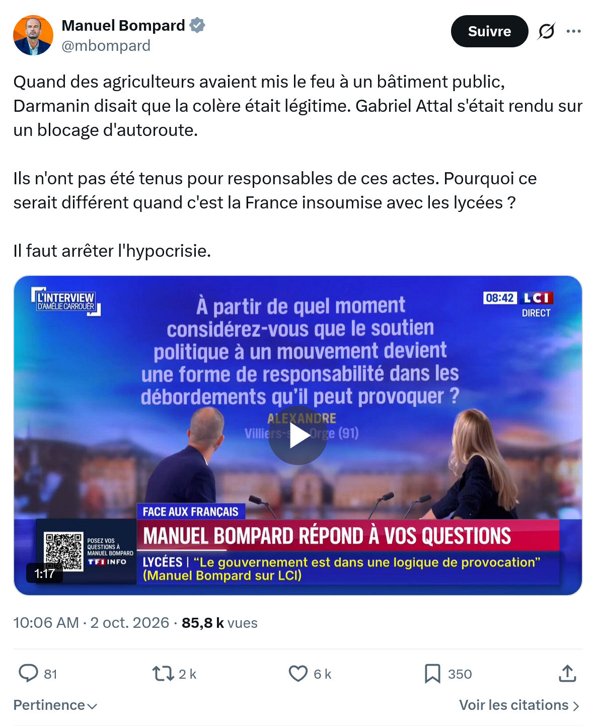 Manuel Bompard: Quand des agriculteurs avaient...